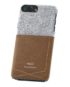 Perspektivisches Foto einer braunen Schutzhülle Case aus echter Wolle kombiniert mit Leder für das iPhone 8 Plus, das iPhone 8, das iPhone 7 und das iPhone 7 Plus.